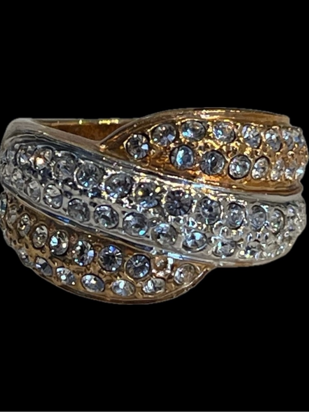Saks, Fifth Avenue, Gold silver Swarovski crystal ele cocktail wedding band ring